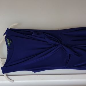 Blue Ralph Lauren cocktail dress, just above knee length, bow/twist around waist